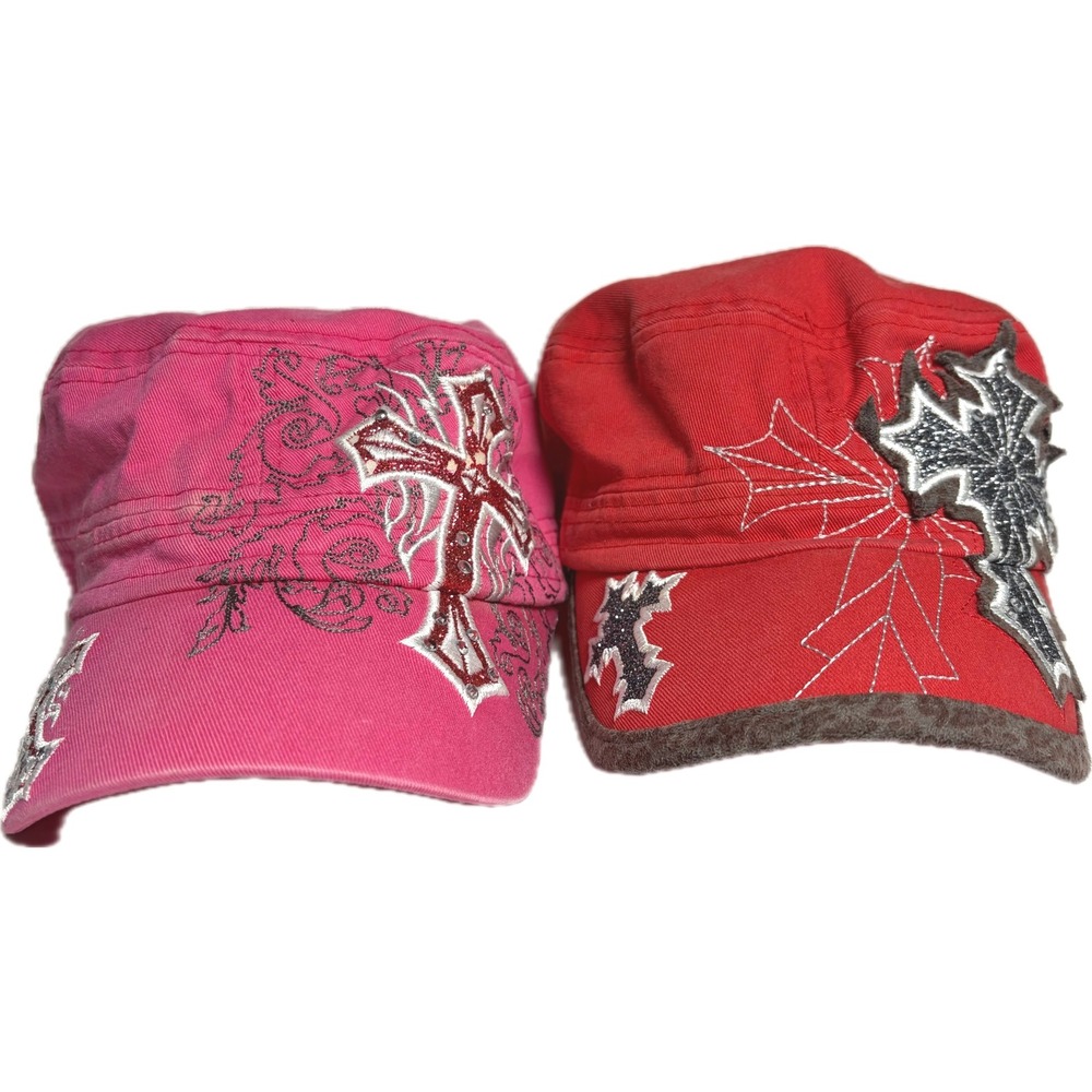 Vtg Y2K Gothic Cross Cadet Hat Bundle Pink Red Rhinestone Pit Bull  DMGD/STAINED